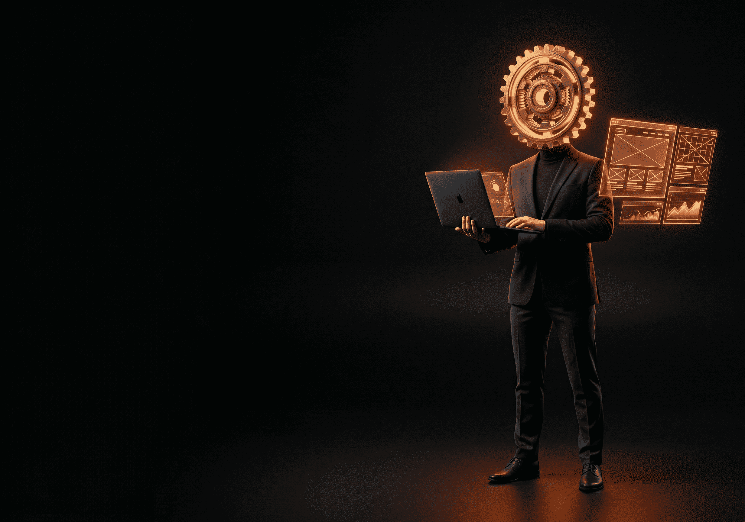 Orange branded backdrop with headline and network pattern