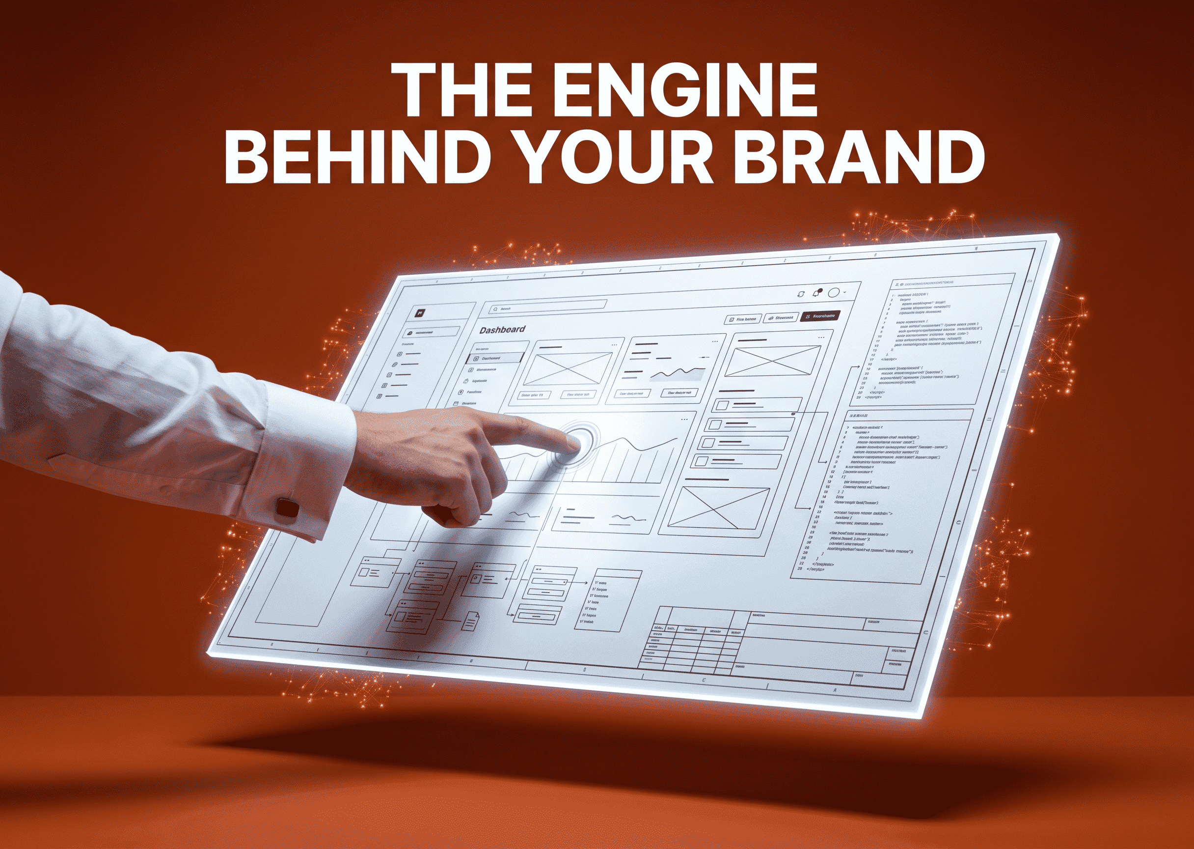 Hand pointing at a floating dashboard wireframe