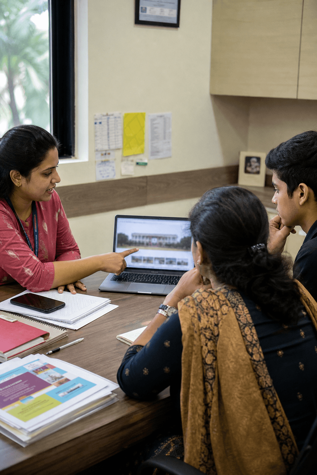Indian admissions counselor reviewing education website with parent and student