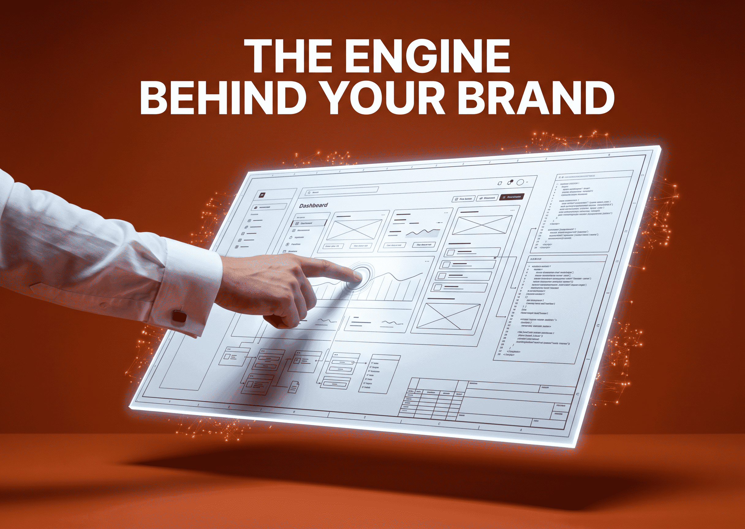 Hand pointing at a floating dashboard wireframe